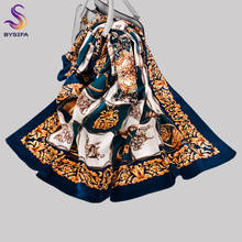 BYSIFA|New Fashion Ladies' Scarves Luxury Blue Gold 100% Silk Scarf Hijab 90*90cm All Match Fall Winter Female Square Scarf Cape 2024 - buy cheap