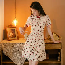 Summer Sweet Girl Vintage Cherry Print Cheongsam Women 2021 Dress Summer Improved Chiffon Floral Short Qipao Vestido de mujer 2024 - buy cheap