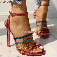 ALMUDENA-Sandalias con tiras finas de piel de serpiente para mujer, zapatos de tacón de aguja de varios colores, rojo, azul, verde, de Pitón, para fiesta 2024 - compra barato