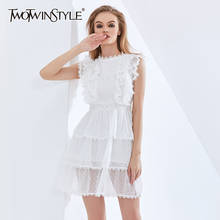 TWOTWINSTYLE-vestido blanco de retazos de encaje con volantes para mujer, sin mangas, cintura alta, malla, lunares, moda 2021 2024 - compra barato