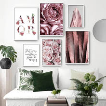 Cartaz de tela escandinavo, de pena com flor de rosa, estilo nórdico, arte de parede, pintura de tela impressa, imagens modernas para sala de estar 2024 - compre barato