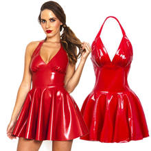 Sexy Rojo Negro Bodycon de cuero sintético vestido S-3XL verano de las mujeres sin mangas de cuello en V de PVC de la cremallera de la de látex, látex Mini vestido de fiesta vestidos de Club 2024 - compra barato