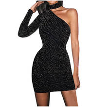 Evening Party Dresses Women Black Shiny One shoulder Dress Sexy Bodycon Dress Club Metallic Glitter Mini Dress Woman Clothes 2024 - buy cheap