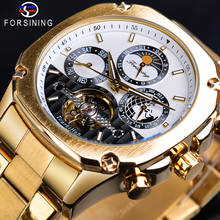 Forsining Golden Tourbillon Moonphase Mechanical Watches Automatic Male Transparent Gear Self Wind Steel Band Clock Wristwatches 2024 - buy cheap