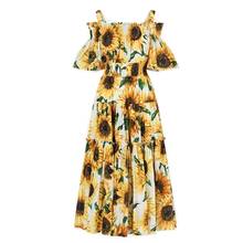 Zarachiel-Vestido largo con estampado Floral para mujer, vestido veraniego de pasarela con estampado de girasol, hombros descubiertos, cuello de barco, para vacaciones 2024 - compra barato