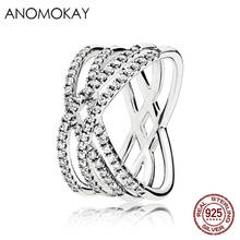 Anomook authentic 925 prata esterlina moda oco para fora anéis de dedo para mulheres moda jóias fina cz geométrica anel presente 2024 - compre barato