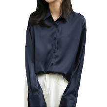 AECU-Blusa de manga larga con cuello vuelto para mujer, camisa holgada de satén de seda, elegante, a rayas, talla grande, 2021 2024 - compra barato