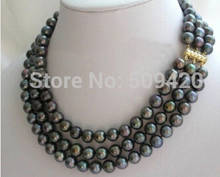 Frete grátis belo fios triplos 8mm natural tahitian black pearl necklace 18" 2024 - compre barato