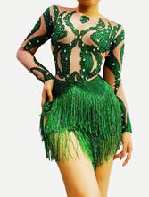 Green Rhinestone Fringe Spandex Bodysuit Birthday Celebrate Long Sleeves Outfit Bodysuit Women Dancer Singer Show Wear 2024 - buy cheap