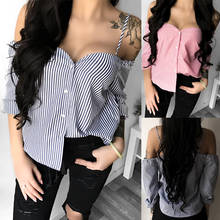 Blusa Sexy de rayas para mujer, camisa de manga larga con botones y hombros descubiertos, sin tirantes, con cuello oblicuo, ropa de otoño 2024 - compra barato