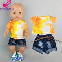Ropa de muñeca de 43cm para bebé, camisa de verano, pantalones vaqueros cortos de 18 pulgadas para niña, camisa de color naranja, pantalones cortos de mezclilla, regalo para niños 2024 - compra barato