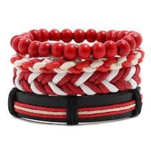 Conjunto de 4 unids/set de pulsera roja para mujer, brazalete con cuentas de madera, cuerda negra de cuero, pulsera ajustable, regalo de joyería al por mayor 2024 - compra barato