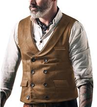 Mens Suit Brown Vest Lapel Neck Wool Waistcoat Casual Formal Double-breasted Business Slim Fit Vest Groomman For Wedding 2024 - buy cheap