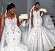 Luxury Spaghetti Crystal Beaded Mermaid Wedding Dresses Sexy African Plus Size Open Back Lace Appliqued Bridal Gown 2024 - buy cheap