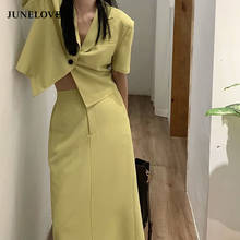 JuneLove женские летние туфли в повседневном стиле; Туфли в Корейском стиле модные костюмы с блейзером в винтажном стиле с коротким рукавом пиджаки для женщин + высота талии длинная юбка, комплект из 2 предметов, для деловой женщины 2024 - купить недорого