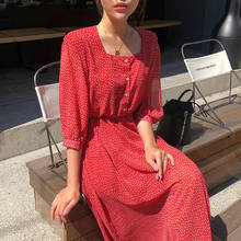 GOOHOJIO Vintage Square Collar Dot Print Women A-line Dress Short Sleeve Summer Chiffon Female Dress 2020 Red Vestidos Femme 2024 - buy cheap