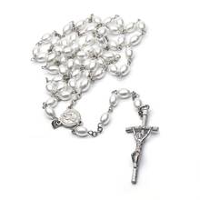 Qigo joias de oração para casamento, colar longo com imitação de rosário de pérola, colar de cruz com presentes religiosos preto e branco 2024 - compre barato