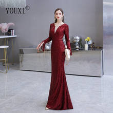 Vestido noturno vermelho escuro, 2020, lindo, estampa de sereia, manga longa, plissado, com decote em v 2024 - compre barato