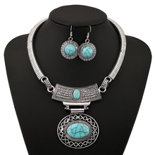 Ethnic Style Silver Plated Oval Green Turquoises Stone Pendant Link Chain Necklace Drop Earrings Charm Jewelry Sets 2024 - buy cheap