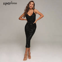 2020 New Summer Sequined Sleeveless Bandage Dress Women Sexy V-neck Black BodyconMidi Dress Celebrity Club Party Dress Vestidos 2024 - buy cheap