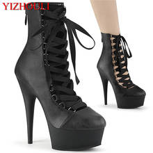 Party boots front cross strap, summer 15 cm stiletto boots, 6 inches thick matte black sexy stage ankle boots 2024 - buy cheap
