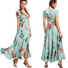 Boêmio maxi vestido 2021 verão feminino sexy com decote em v botão up floral impressão vestido longo túnica split praia vestidos de férias 2024 - compre barato