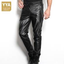 High Quality Mens Genuine Leather Full Length Trousers Fashion Drawstring Waist Motorcycle Sheepskin Slim Fit Windproof Pants 2024 - buy cheap