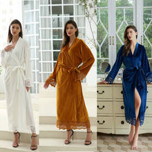 Winter Robe Women Long Solid Velvet Robe Bridal Robe Bridesmaid Robes Lace Trim Wedding Robe Sleepwear Bathrobe   Long Gowns 2024 - buy cheap