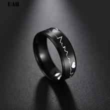 UAH-anillo negro con forma de corazón para hombre, joyería lisa y gruesa de acero de titanio, electrocardiograma, latido del corazón, Rock 2024 - compra barato