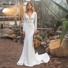 Robe Satin Long Sleeve Dress Women Mermaid Wedding Gowns 2021 V-Neck Sexy Bridal Boho Country Lace Wedding Dresses Lakshmigown 2024 - buy cheap