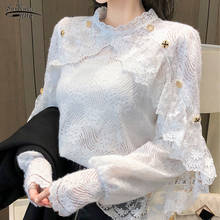 Blusa informal de encaje de ganchillo para mujer, camisa blanca con estampado Floral, manga larga, color albaricoque, Primavera, 13025 2024 - compra barato