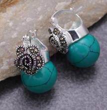 Free Shipping  hot sell new - Turquoise Green Round turquiose Ball 925 Sterling Silver Hooks Earring 2024 - buy cheap