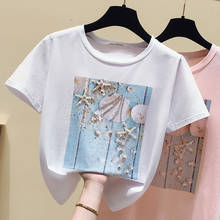 Camiseta com estampa de algodão feminina, t-shirt da moda com miçangas para mulheres, 2021, de verão, estampada, de manga curta, casual 2024 - compre barato