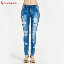 Jeans feminino skinny com cintura alta, jeans de cintura alta com elasticidade, rasgado, casual plus size #51 2024 - compre barato