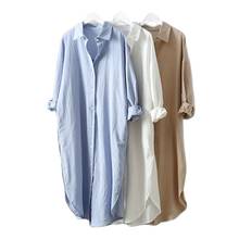 Blusa de algodão feminina, camisa de linho para mulheres, vestido longo de seção branco/azul, casual plus size, verão 2021 2024 - compre barato