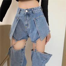 Европейские новые летние тонкие чувство дизайна из джинсовой ткани со съемным прямые свободные штаны с высокой посадкой узкие джинсы штаны для женщин модная уличная 2021 2024 - купить недорого