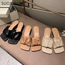 Suojialun chinelos plissados, sandália de salto baixo fino e quadrado, para mulheres, uso ao ar livre, sapatos de festa, 2020 2024 - compre barato
