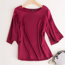 Camisa de seda pesada feminina, vinho, vermelho, cor básica, novo, sólido, outono 2020, blusa de seda amoreira, solta, 3/4 2024 - compre barato