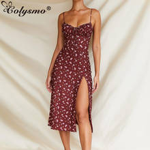 Colysmo Summer Print Long Dresses Women Sexy Sleebeless Ruched Slim Fit A-Line Dress Elegant Vintage Floral Beach Dress 2020 New 2024 - buy cheap