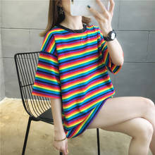 Camisetas de estilo coreano para mujer, ropa Harajuku a rayas de arcoíris, camisetas informales de manga corta 2021 2024 - compra barato