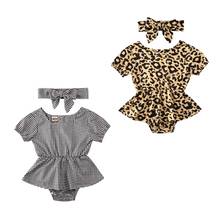 0-24M NEW Summer Baby Girls Romper Infant Leopard/Plaid Print Short Sleeve Cute Triangle Jumpsuits Headband 2pcs 2024 - buy cheap