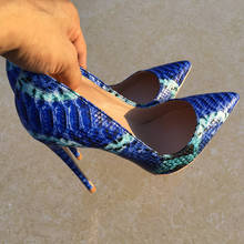 Keshangjia-zapatos de fiesta para mujer, calzado de tacón alto de 12cm, diseño de serpiente, punta azul, exquisito 2024 - compra barato