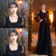 kpop IU Lee Ji Eun korean Black mesh perspective sexy dress women summer fashion Evening party temperament long sleeved dresses 2024 - buy cheap