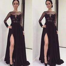 Black Prom Dress A-line Long Sleeves Chiffon Appliques Slit Sexy Long Prom Gown Evening Dresses Robe De Soiree 2024 - buy cheap