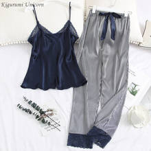 Conjunto de pijamas femininos de renda 2 peças, pijama feminino top e calça longa de alça com alça 2024 - compre barato