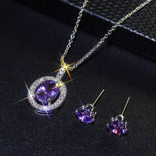 Conjunto de joias de cristal roxo, pingentes de cor prata, brinco de pino para mulheres, corrente de casamento de zircônio redonda, tendência 2024 - compre barato