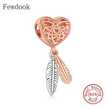 2019 925 Sterling Silver Rose Gold Dreamcatcher Double Feather Heart Bead Pendant Fit Original Charm Bracelet Making Berloque 2024 - buy cheap