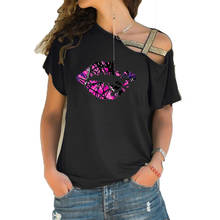 Camiseta feminina estampa caveira lábios, camiseta feminina manga curta irregular 2024 - compre barato