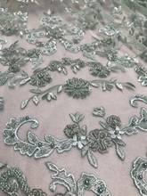 Top quality green color embroidered net lace fabric with 3D flower JOY-22901 beaded african tulle lace fabric for wedding dress 2024 - buy cheap