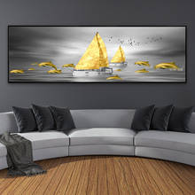 Arte Abstracto dorado moderno para decoración del hogar, Pintura Artística de pared de cielo gris y barco dorado para sala de estar, sin marco 2024 - compra barato